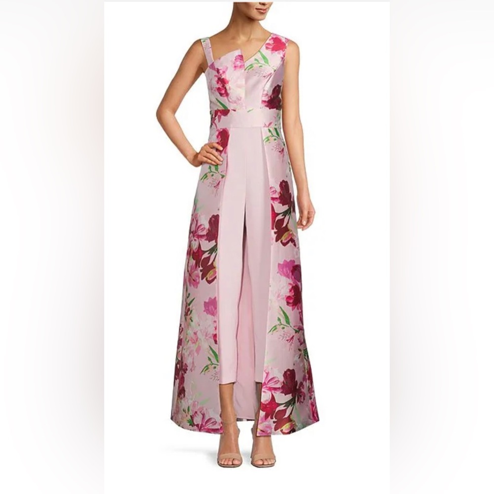 Kay Unger Floral Asymmetrical Neck Sleeveless Walk Thru Jumpsuit Gown. 2061